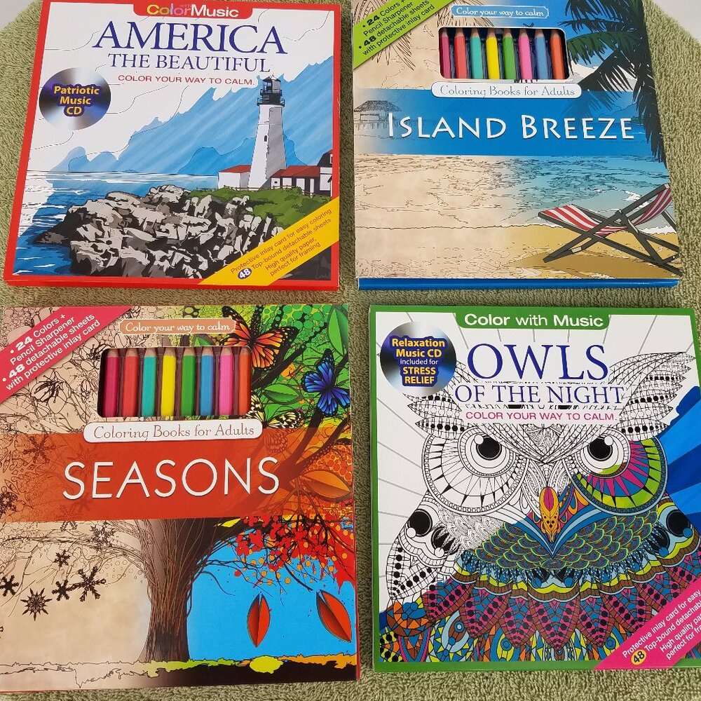 Lot of 4 Color With Music Adult Coloring Books With Music CD And Colored Pencils